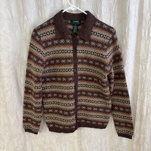 Lauren Ralph Lauren Woman’s Fair Isle Cardigan Sweater Brown Size Medium